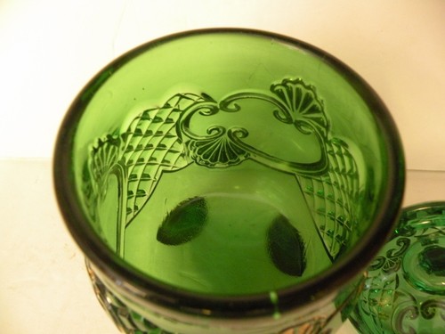 Antique EAPG 4 Pc Croesus Gold Footed Emerald Green Creamer Sugar & Candy Bowl - Picture 11 of 19