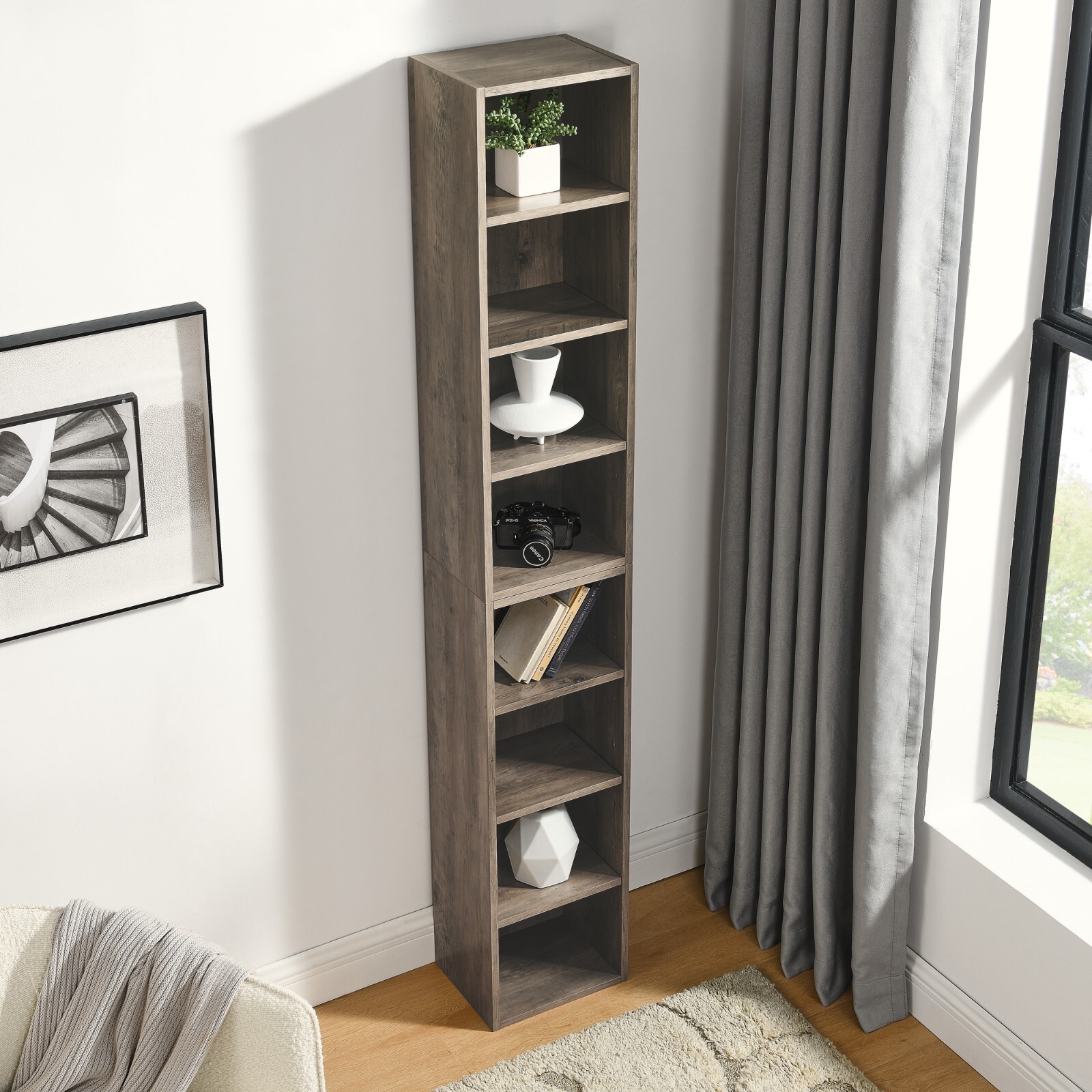 8-Tier Media Tower Rack with Adjustable Shelves, Tall Slim Storage Bookcase