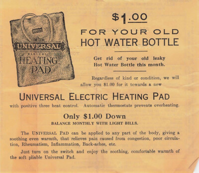 Universal Heating Pad Print Ad Billhead Edison Light Power Co York PA 1927