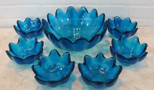 Vtg Blenko Glass Blue Salad Petal Bowl Salad Set Wayne Husted MCM