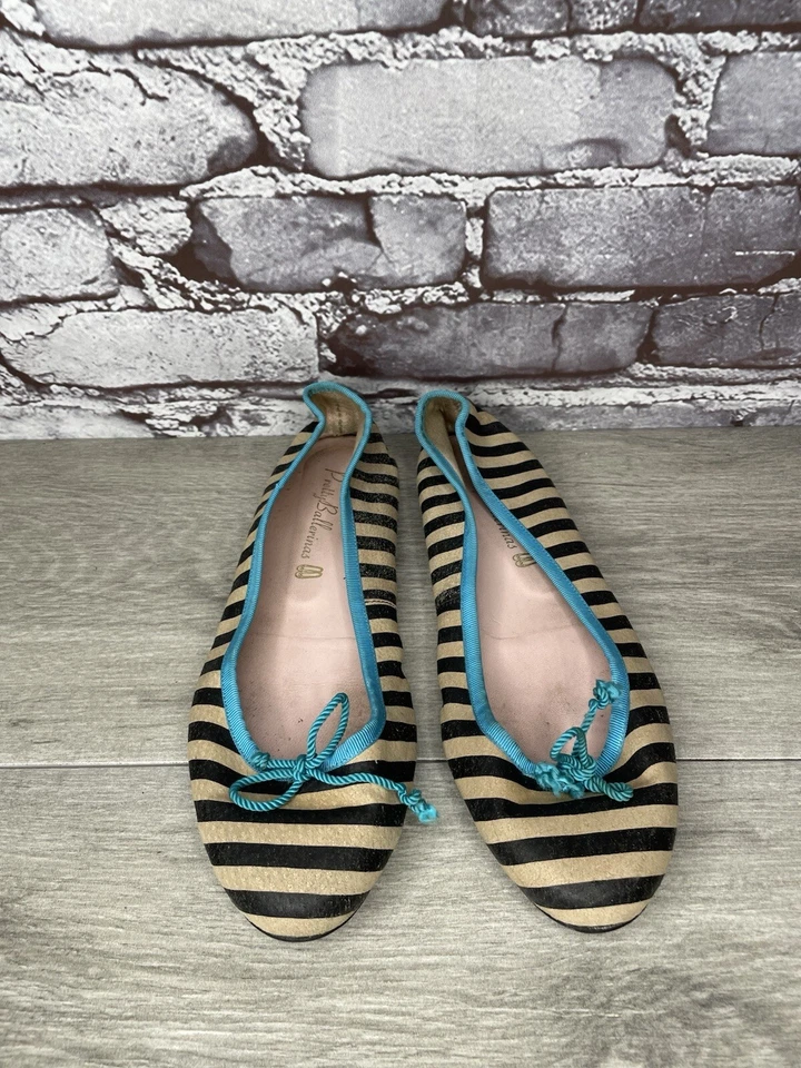 Pretty Ballerinas Fabric Black Stripe Blue Bow Ballet Flats Women’s 37.5EU/7M US - Image 2 of 4