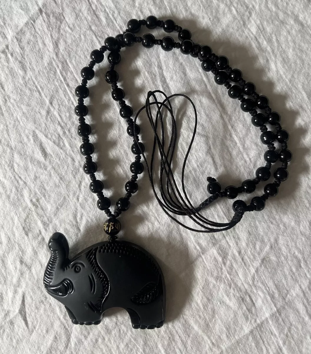 Vintage Carved Black Onyx Elephant Necklace hand knotted vintage