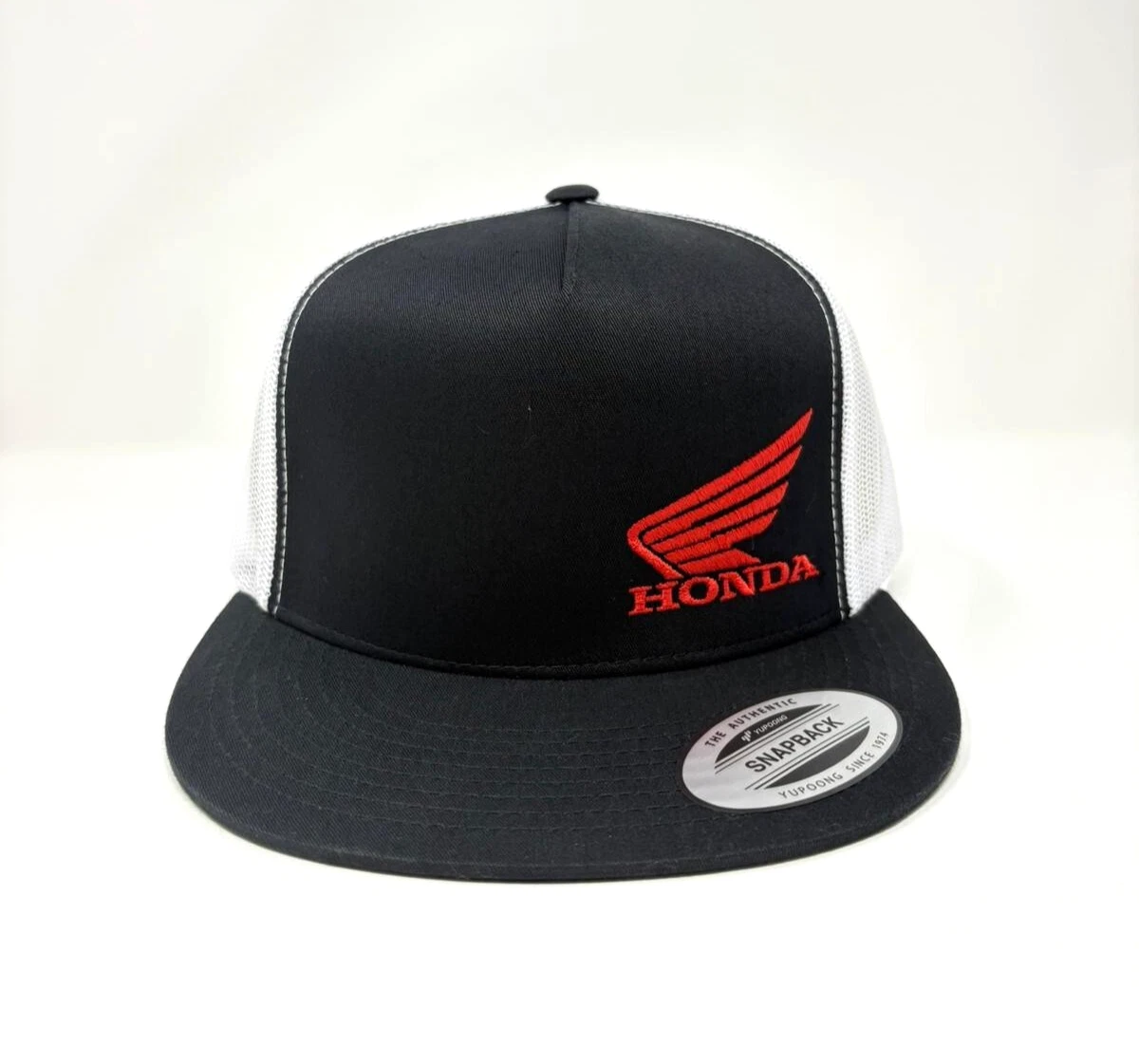 Honda Motorcycles Flat Bill Cap Hat Trucker Mesh Snapback Black & White Yupoong