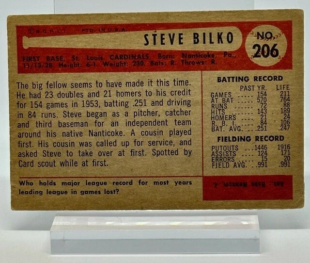 1954 Bowman Baseball Card STEVE BILKO St. Louis CARDINALS Card No#206 - Vintage - Image 2 of 2