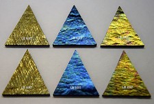 6 DARK IRIDIZED 1 1/2" TALL TRIANGLES 3mm BULLSEYE 90 COE GLASS