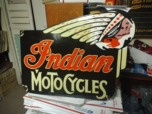 LARGE VTG INDIAN MOTORCYCLE PORCELAIN METAL SIGN RARE CHIEF BIKER PARTS DEALER