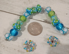17Q Glossy Blue Green and White Bumpy Handmade Lampwork Glass Beads