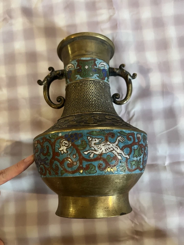 古董罕见世纪日本 Cloisonné Champlevé Urn 花瓶 — 第 2/4 张图片