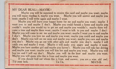 MY DEAR BEAU: --MAYBE! c1910 postcard strange romance text letter surreal love