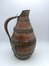 Antique 19th Century Oak Wood Copper Banded French Wine Barrel Jug Pitcher lid