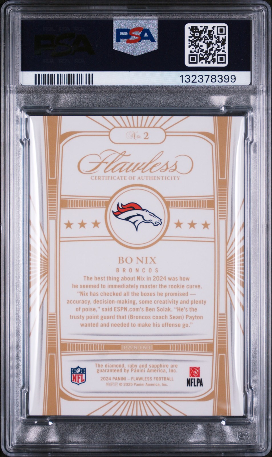 2024 PANINI FLAWLESS RED, WHITE, & BLUE 1/1 #2 BO NIX ROOKIE RC 1/1 PSA 9 view 2