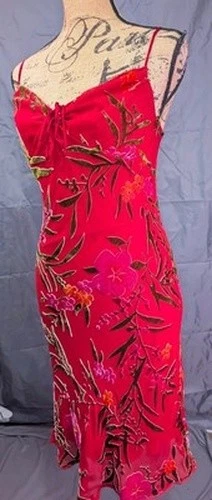 Vestido Y2K Betsey Johnson New York Mujer M Seda Rayón Floral Terciopelo Midi Años 90 EE. UU. Foto 3 de 4