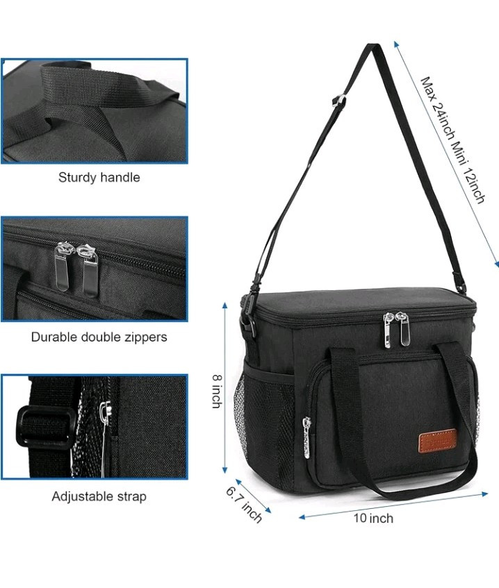 Femuar Adult Reusable Lunch Cooler Bag w/adjustable Straps, Black