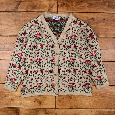 Vintage Laura Tyler Strickjacke 2XL Damen 80er Acryl V-Ausschnitt Blumen USA Beige Strick