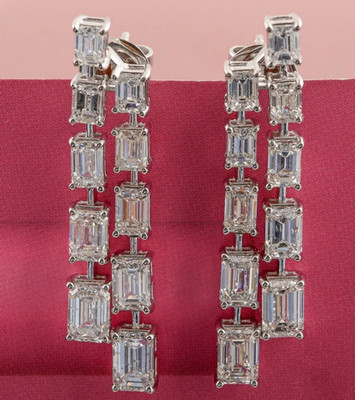 Thanks Giving Gift! Emerald Cut Lab Grown Diamond Dangle Drop Earrings 14k Gold