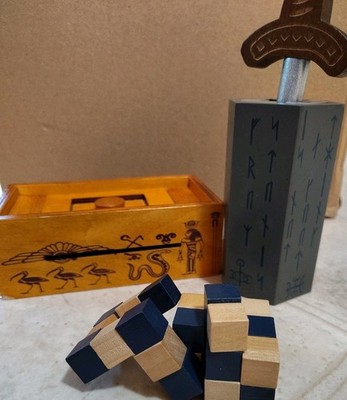 True Genius Egyptian Pharaoh s Tomb + Sword In Stone + Snake C Wood Brainteaser 