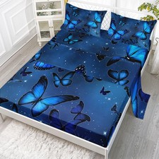 Bedding Fitted and Flat Set 4Pcs Blue Butterfly Printed Bedding Set with 1 Fl...