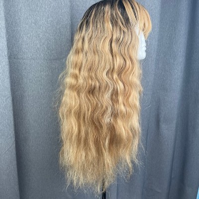 Mayde Beauty Golden Blonde Curly Long Lace Front Hair Wig with Bangs