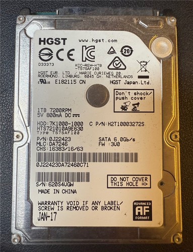HGST, 1TB, 7K1000-1000, HTS721010A9E630, S/N: 620S4UGW, SATA HDD