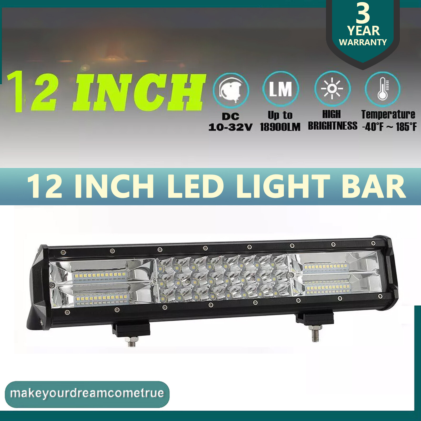 12INCH Tri Row 180W LED Light Bar Driving Offroad Flood Spot Combo Light ATV UTV