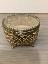 Gold Plated Filigree Footed Glass Top Trinket Box