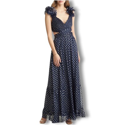 NWT Vici Collection Shimmer Chiffon Ruffle Cutout Polka Dot Navy XS Maxi  Dress | eBay