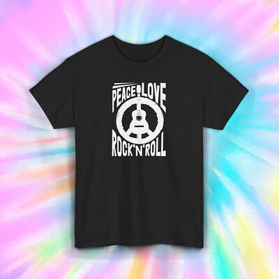 Peace Love Rock N Roll T-Shirt Retro Music Guitar Hippie Tee S-5XL