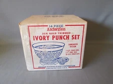 Anchor Hocking Glass 14 pcs PUNCH BOWL SET Cups Base Vintage 22k Gold IVORY Trim