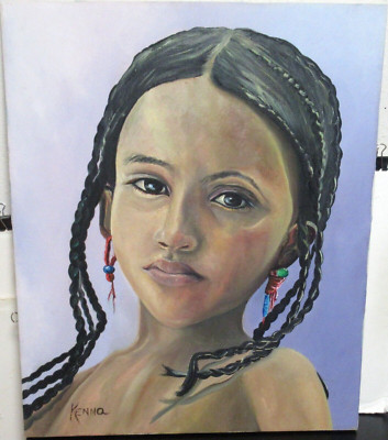 KENNA AFRICAN GIRL WITH BREADS LARGE ORIGINAL OIL ON CANVAS PAINTING