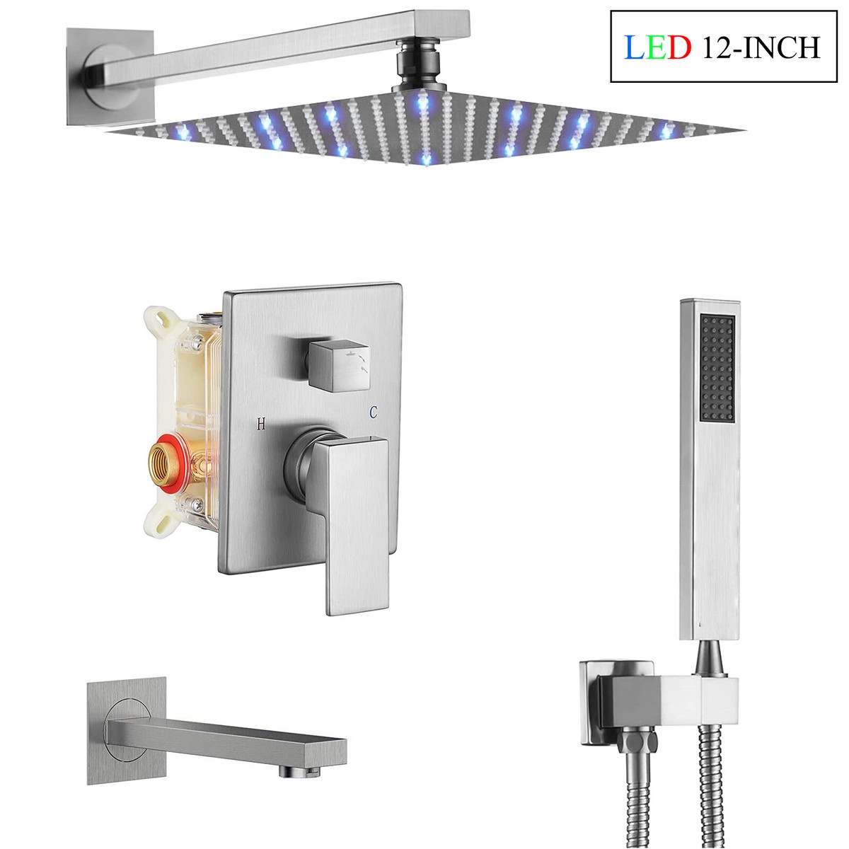 12'' Shower Faucet System Rainfall Head Combo Kit with Mixer Valve Wall Mounted 12'' Shower Faucet System Rainfall Head Combo Kit with Mixer Valve Wall Mounted