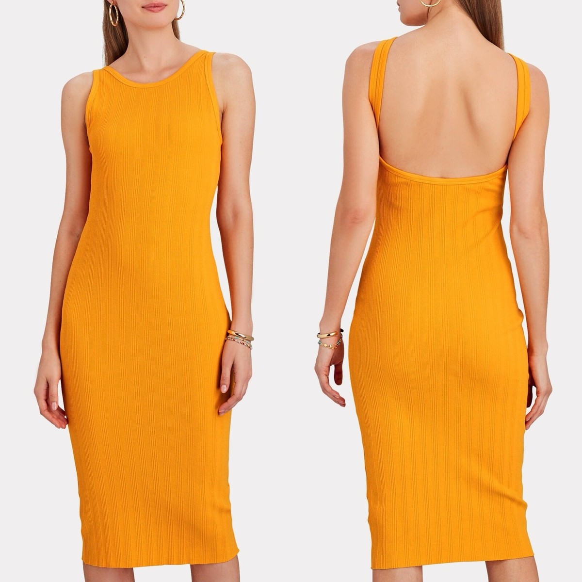 Enza Costa Mango Orange Low Back Bodycon Rib Knit Tank Midi Dress EUC Size  Small