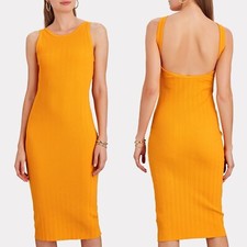 Enza Costa Mango Orange Low Back Bodycon Rib Knit Tank Midi Dress EUC Size Small