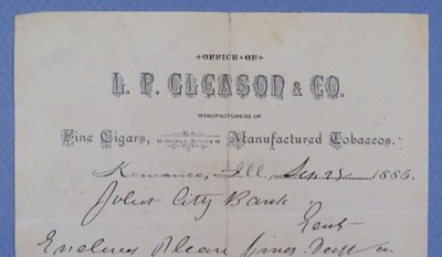 1885 L P Gleason & Co Kewanee IL Fine Cigars & Manufactured Tobacco Letter Bk4-J
