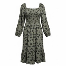 NWT GAP Size S Green With Flowers Cottage-core Puff Sleeve Midi Dress w/Pockets