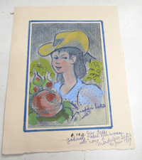BEAU DESSIN ORIGINAL "PORTRAIT A LA ROSE" 1979 Signé MADELEINE LUKA ART NAÏF