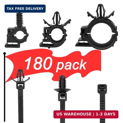 180Pcs Wire Loom Clips for Car Push Mount Zip Ties Assorted Sizes Automotive Fue