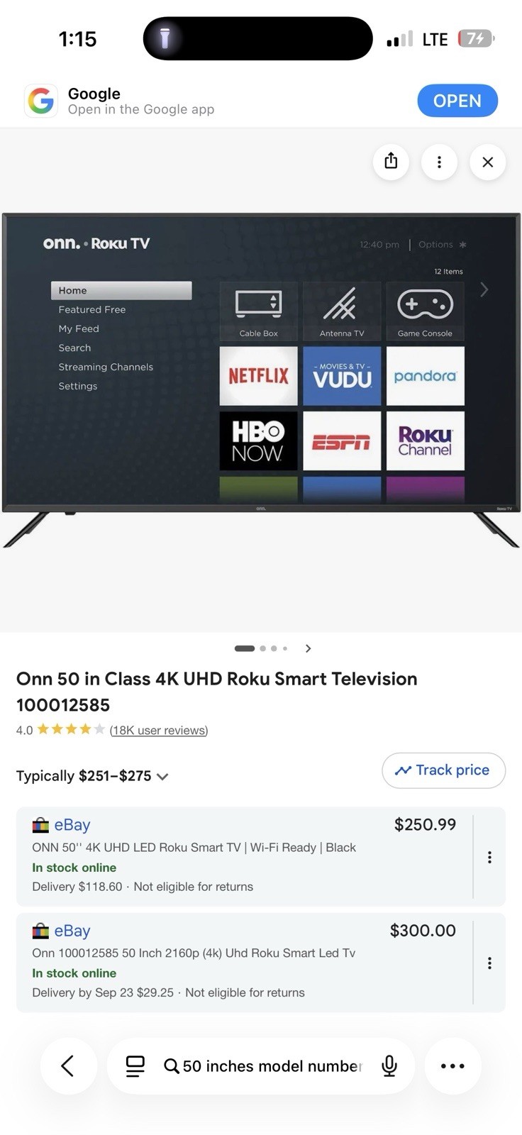 ONN 100012585 50" 4K UHD LED Roku Smart TV - Black