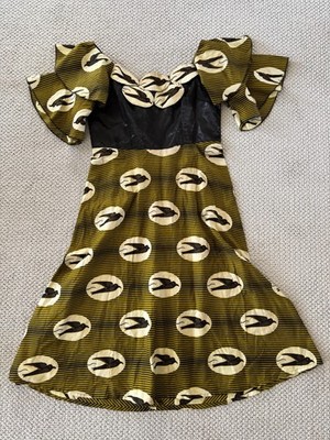 African Wax Ankara Fit & Flare Midi Dress Bird Swallow Print Puff Sleeve Black S