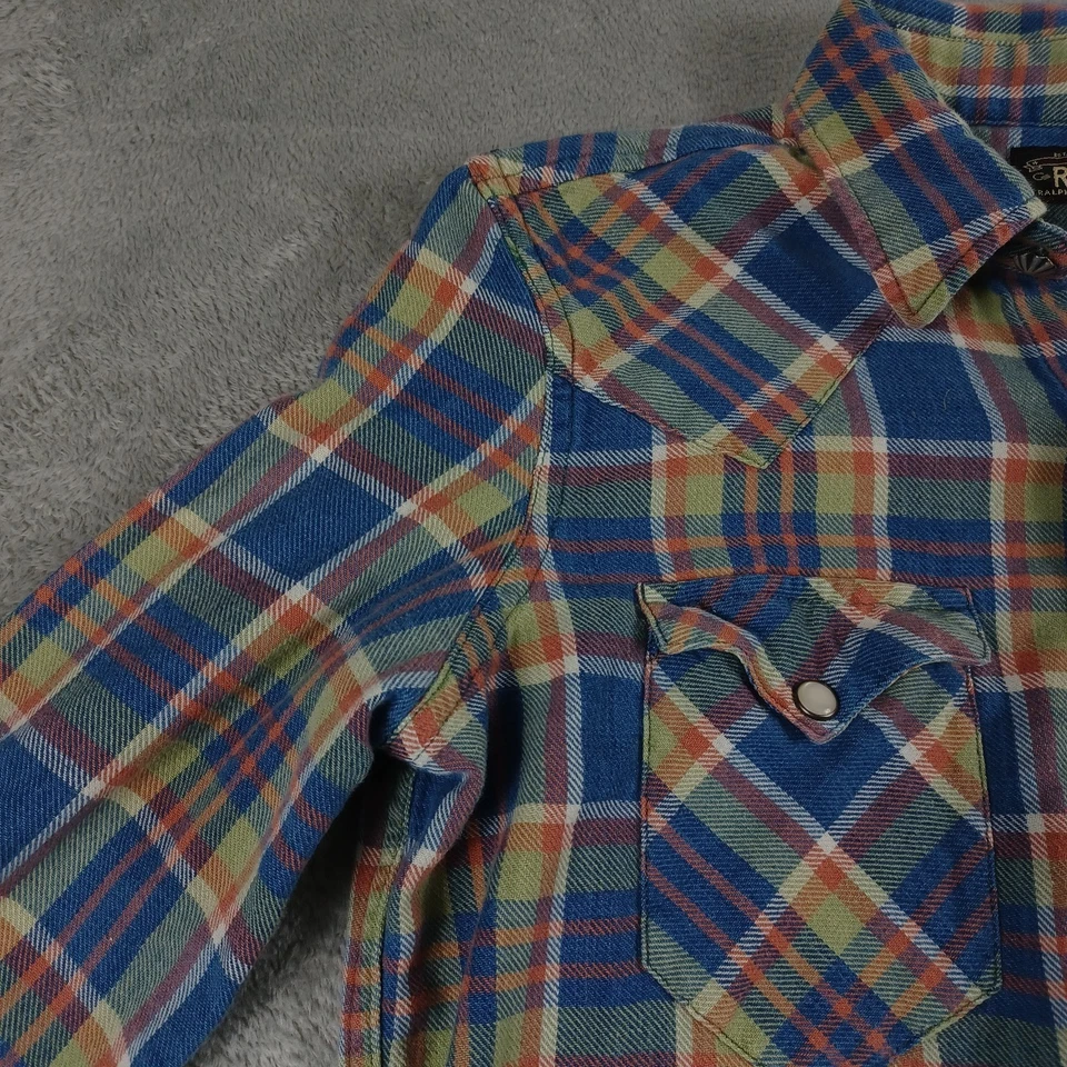 Top RRL Ralph Lauren para mujer pequeño azul franela perla yema a presión occidental Foto 2 de 4