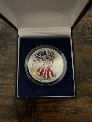 1999 American Silver Eagle Dollar 1 oz fine silver in BOX  Unc. Colored