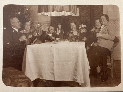  Antique Photo Christmas Couple Family Table Celebration Doll Toy 1900-1920 14x9