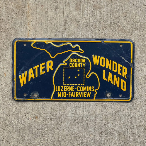 1960 Era Oscoda County Michigan Booster License Plate Auto Tag Water Wonderland