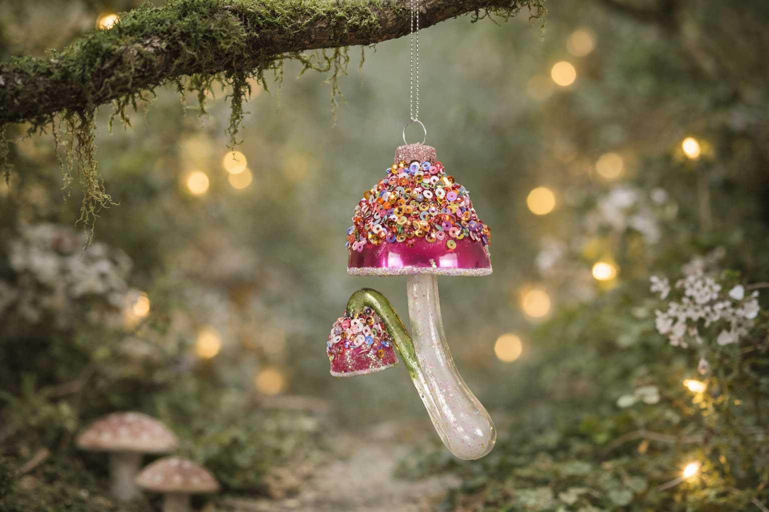 Glass Mushroom Hanging Decoration Pink Sequin Toadstool Tree Ornament Fairy