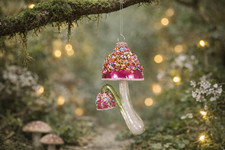 Glass Mushroom Hanging Decoration Pink Sequin Toadstool Tree Ornament Fairy