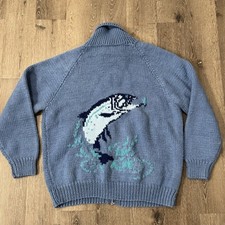Vintage Mary Maxim Cowichan Trout Sweater Mens XL Blue Collared Full Zip