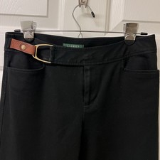 LAUREN Ralph Lauren Women  s Black Long Pants Leather  Gold Buckle Accent 4P
