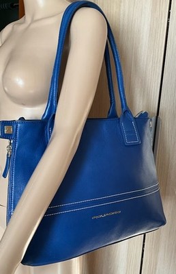 Piquadro Damentasche aus echtem Leder, blau weiß, 42/29/8 cm. damen tasche
