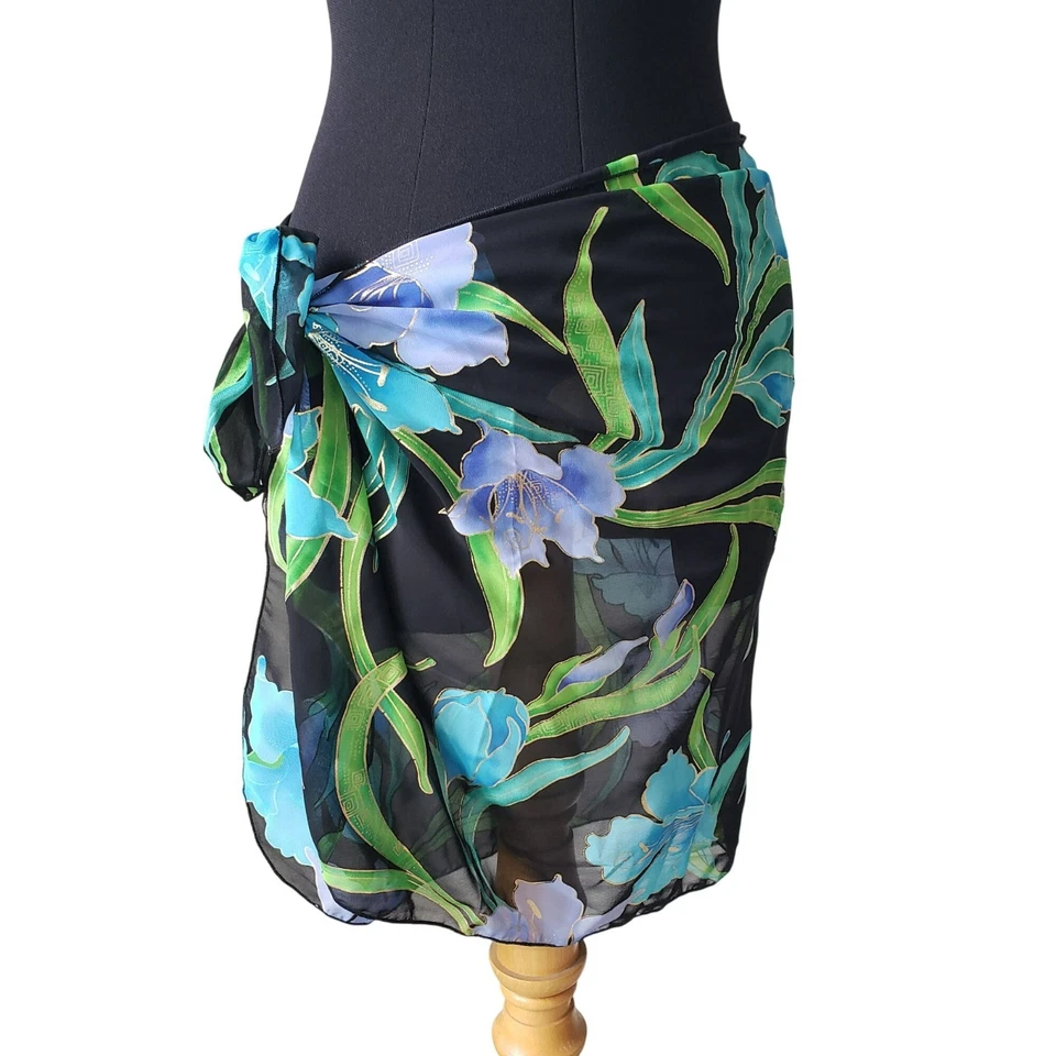 Falda envolvente vintage negra azul verdoso dorada floral para nadar Sarong Beach Resort Foto 2 de 4