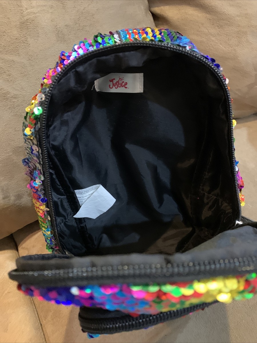 JUSTICE MINI BACKPACK RAINBOW FLIP SEQUINS SNAP CHAT SHIMMERING