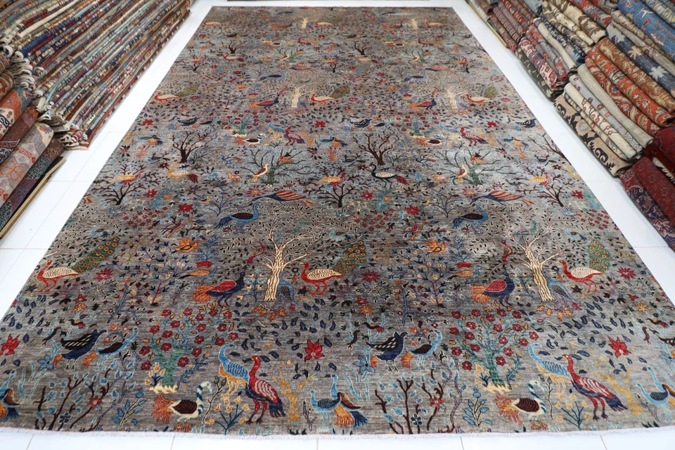 12x18 ft Birds Animal Gray Larger Area Rug Afghan Hand Knotted Veg Dyes Wool Rug - Image 2 of 4